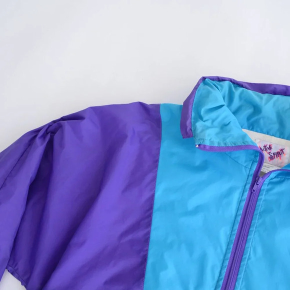 80S Active Spirit Purple Teal Zip Up Nylon W/ Hidden Hood Lined Windbreaker Coat - Picture 12 of 14